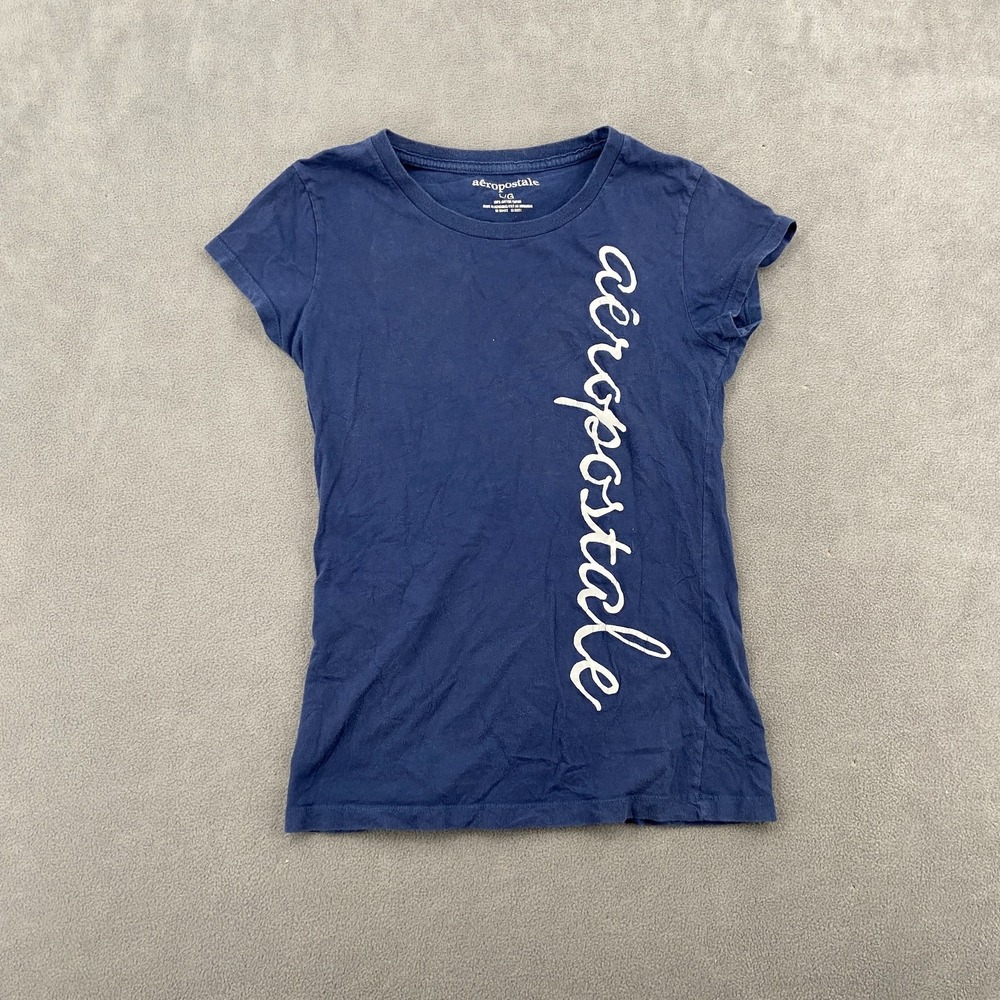 Y2K Aéropostale Babydoll T Shirt Sz L‎ Blue Spellout Logo 2000s Cap Sleeve Boho